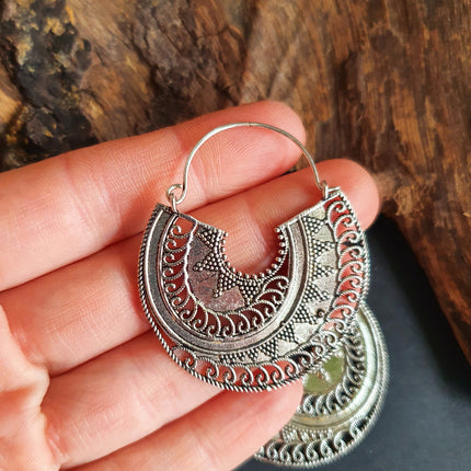 Silver Ethnic Earrings;, Geometric, rustic, yoga, hippie, gypsy, pretty, psy, boho, bohemian, festival