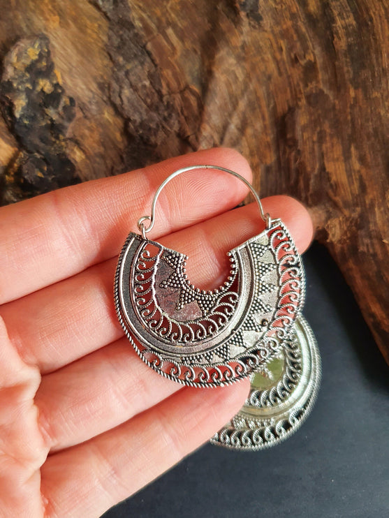 Silver Ethnic Earrings;, Geometric, rustic, yoga, hippie, gypsy, pretty, psy, boho, bohemian, festival