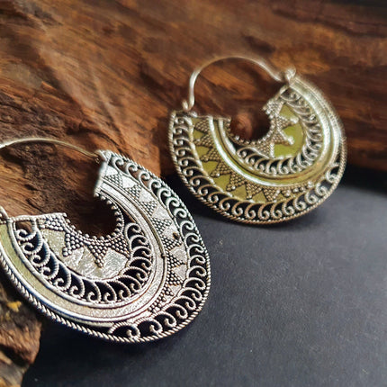 Silver Ethnic Earrings;, Geometric, rustic, yoga, hippie, gypsy, pretty, psy, boho, bohemian, festival