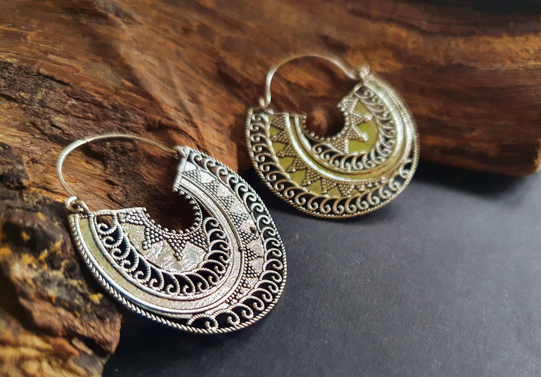 Silver Ethnic Earrings;, Geometric, rustic, yoga, hippie, gypsy, pretty, psy, boho, bohemian, festival