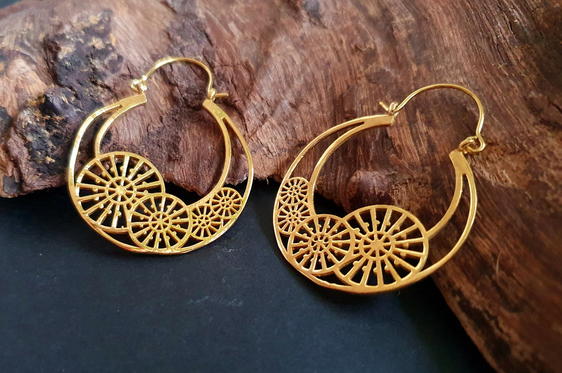 Steampunk Brass Earrings;, Geometric, ethnic, rustic, yoga, hippie, gypsy, pretty, psy, boho, bohemian, festival