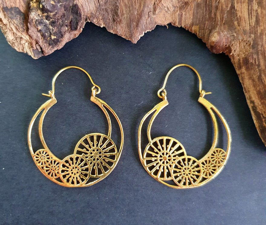 Steampunk Brass Earrings;, Geometric, ethnic, rustic, yoga, hippie, gypsy, pretty, psy, boho, bohemian, festival