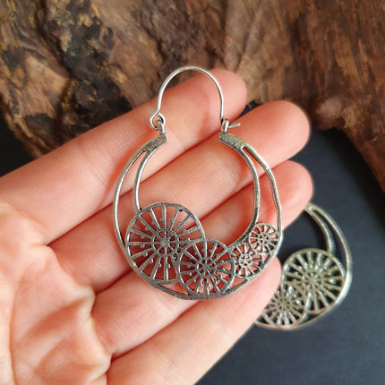 Steampunk Silver Earrings;, Geometric, rustic, yoga, hippie, gypsy, pretty, psy, boho, bohemian, festival