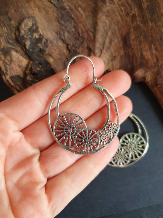 Steampunk Silver Earrings;, Geometric, rustic, yoga, hippie, gypsy, pretty, psy, boho, bohemian, festival