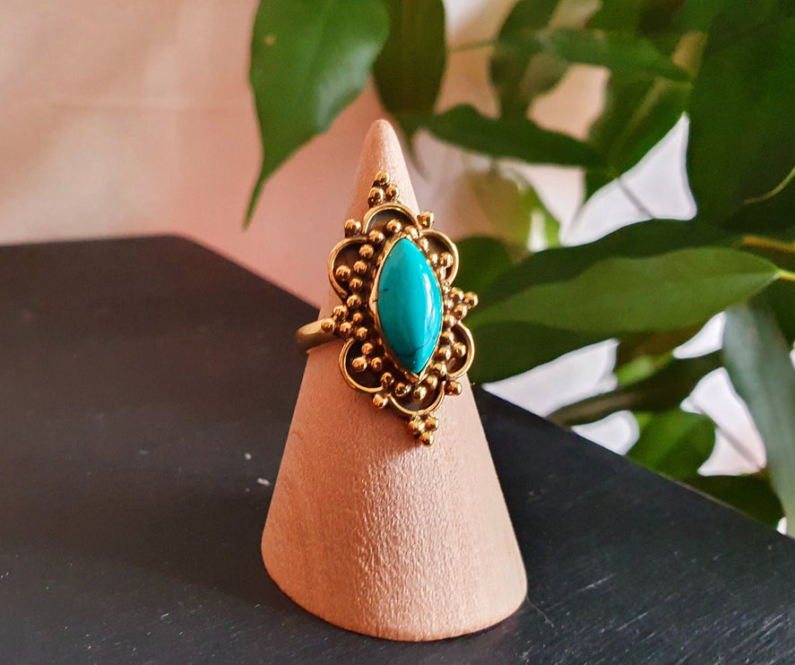 Boho Indian Turquoise Brass Ring / Pretty / Ethnic / Rustic / Festival / Tribal / Blue / Hippie / Gypsy / Psy / Stone / Healing