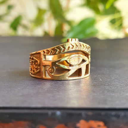 Eye of Horus Gold Ring / Ancient Egypt / Ra / Hieroglyphics / Brass / Ethnic / rustic, yoga, hippie, gypsy, boho, bohemian, festival