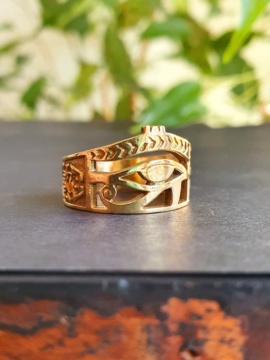 Eye of Horus Gold Ring / Ancient Egypt / Ra / Hieroglyphics / Brass / Ethnic / rustic, yoga, hippie, gypsy, boho, bohemian, festival