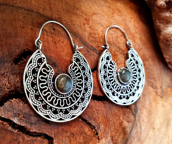 Silver Ethnic Labradorite Earrings Ethnic, Blue Stone , rustic, yoga, hippie, gypsy, pretty, psy, boho, bohemian, festival
