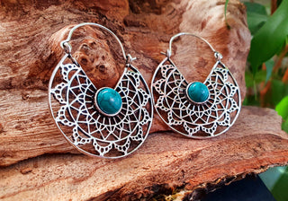 Turquoise Silver Hoop Earrings Ethnic, rustic, yoga, hippie, gypsy, pretty, psy, boho, bohemian, festival