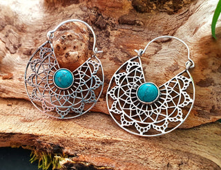Turquoise Silver Hoop Earrings Ethnic, rustic, yoga, hippie, gypsy, pretty, psy, boho, bohemian, festival