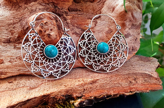 Turquoise Silver Hoop Earrings Ethnic, rustic, yoga, hippie, gypsy, pretty, psy, boho, bohemian, festival