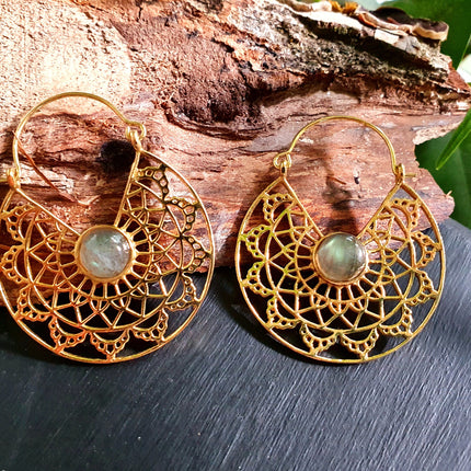 Labradorite & Brass Hoop Earrings Ethnic, rustic, yoga, hippie, gypsy, pretty, psy, boho, bohemian, festival