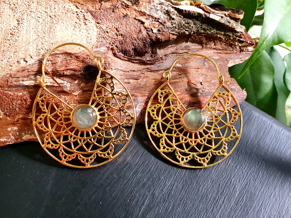 Labradorite & Brass Hoop Earrings Ethnic, rustic, yoga, hippie, gypsy, pretty, psy, boho, bohemian, festival