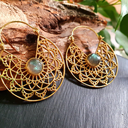 Labradorite & Brass Hoop Earrings Ethnic, rustic, yoga, hippie, gypsy, pretty, psy, boho, bohemian, festival