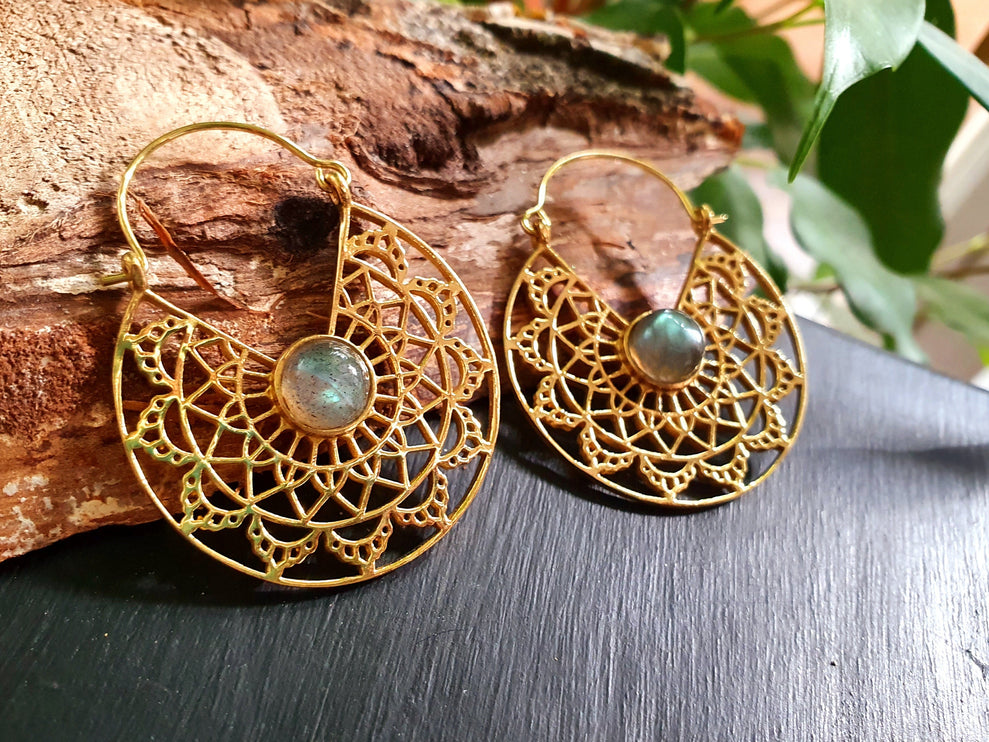 Labradorite & Brass Hoop Earrings Ethnic, rustic, yoga, hippie, gypsy, pretty, psy, boho, bohemian, festival