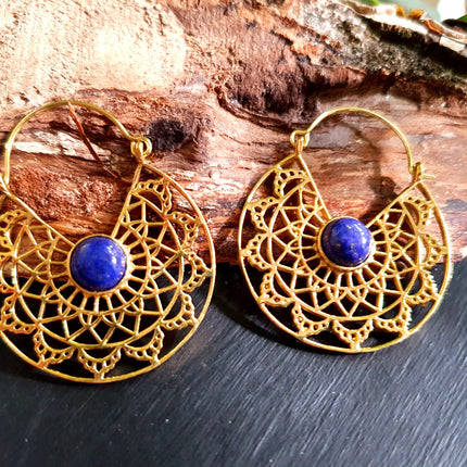 Golden Ethnic Lapis Lazuli Earrings Ethnic, Blue Stone , rustic, yoga, hippie, gypsy, pretty, psy, boho, bohemian, festival