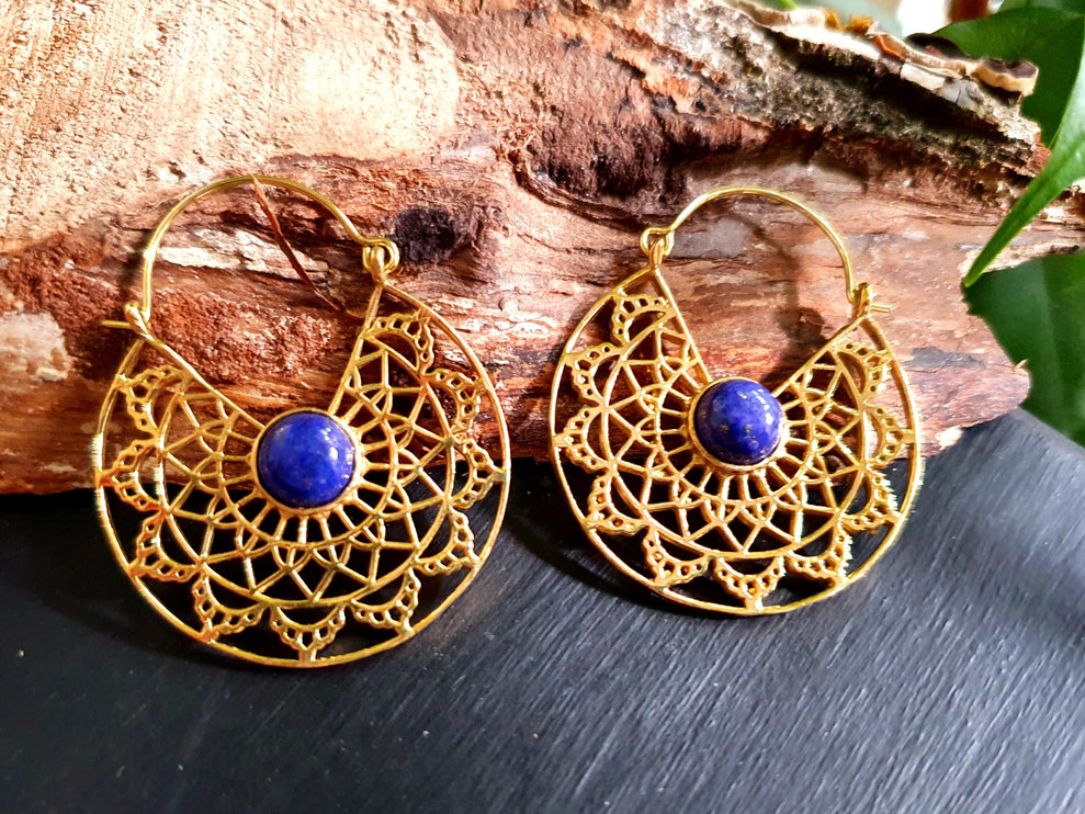 Golden Ethnic Lapis Lazuli Earrings Ethnic, Blue Stone , rustic, yoga, hippie, gypsy, pretty, psy, boho, bohemian, festival