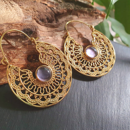 Golden Amethyst Earrings Ethnic, rustic, yoga, hippie, gypsy, pretty, psy, boho, bohemian, festival