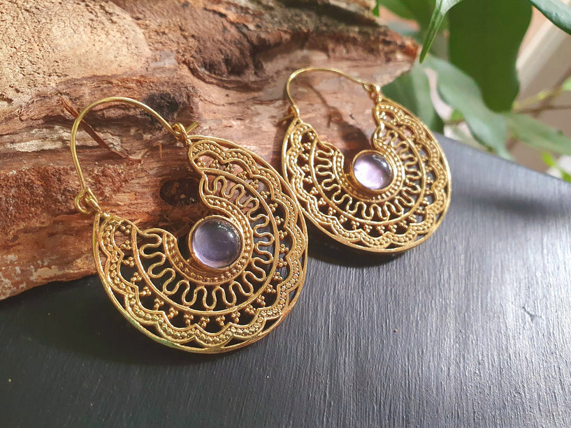 Golden Amethyst Earrings Ethnic, rustic, yoga, hippie, gypsy, pretty, psy, boho, bohemian, festival