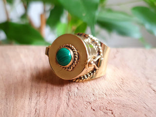 Gold Poison Ring / Brass & Malachite / Alchemy / Locket Ring / Boho / Bohemian / Rustic / Tribal / Gypsy / Festival / Healing / Festival 