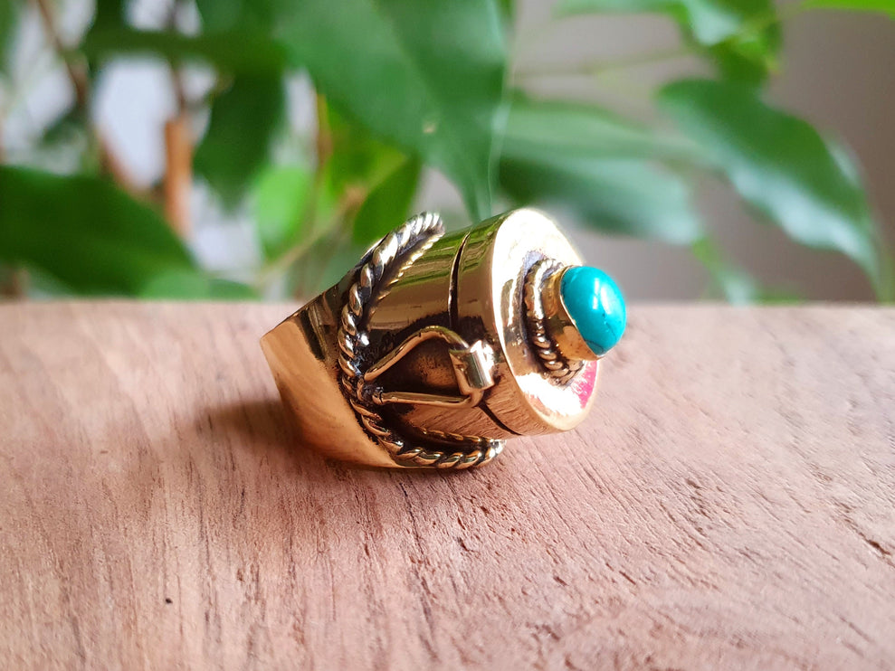 Gold Poison Ring / Brass & Turquoise / Alchemy / Locket Ring / Boho / Bohemian / Rustic / Tribal / Gypsy / Festival / Healing / Festival