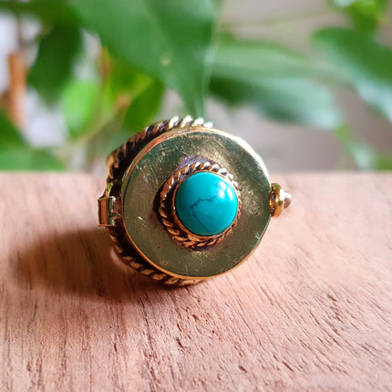 Gold Poison Ring / Brass & Turquoise / Alchemy / Locket Ring / Boho / Bohemian / Rustic / Tribal / Gypsy / Festival / Healing / Festival