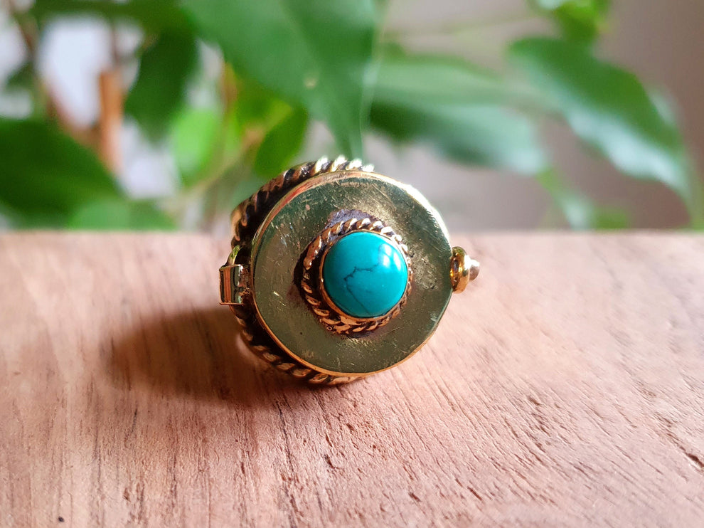 Gold Poison Ring / Brass & Turquoise / Alchemy / Locket Ring / Boho / Bohemian / Rustic / Tribal / Gypsy / Festival / Healing / Festival