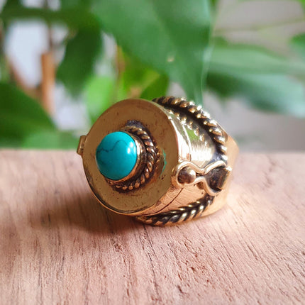 Gold Poison Ring / Brass & Turquoise / Alchemy / Locket Ring / Boho / Bohemian / Rustic / Tribal / Gypsy / Festival / Healing / Festival