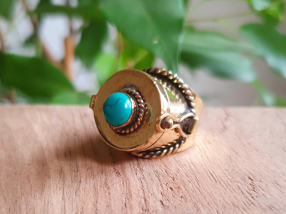 Gold Poison Ring / Brass & Turquoise / Alchemy / Locket Ring / Boho / Bohemian / Rustic / Tribal / Gypsy / Festival / Healing / Festival