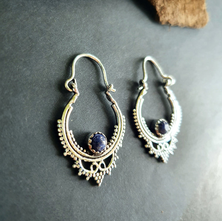 Small Boho Silver Earrings Lapis Lazuli / Triangle / Mandala / Ethnic / Rustic / Yoga / Hippie / Gypsy / Psy / Bohemian / Festival