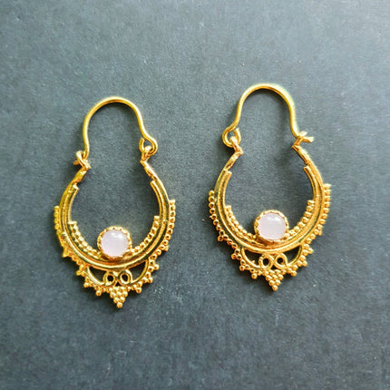 Mini Boho Hoops Rose Quartz Brass Earrings / Triangle / Mandala / Ethnic / Rustic / Yoga / Hippie / Gypsy / Psy / Bohemian / Festival