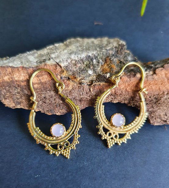 Mini Boho Hoops Rose Quartz Brass Earrings / Triangle / Mandala / Ethnic / Rustic / Yoga / Hippie / Gypsy / Psy / Bohemian / Festival