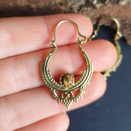 Small Boho Hoops Tiger Eye Brass Earrings / Triangle / Mandala / Ethnic / Rustic / Yoga / Hippie / Gypsy / Psy / Bohemian / Festival