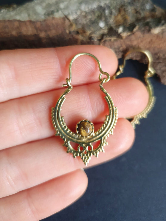 Small Boho Hoops Tiger Eye Brass Earrings / Triangle / Mandala / Ethnic / Rustic / Yoga / Hippie / Gypsy / Psy / Bohemian / Festival