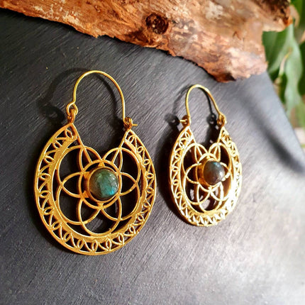 Labradorite & Brass Hoop Earrings Ethnic, rustic, yoga, hippie, gypsy, pretty, psy, boho, bohemian, festival