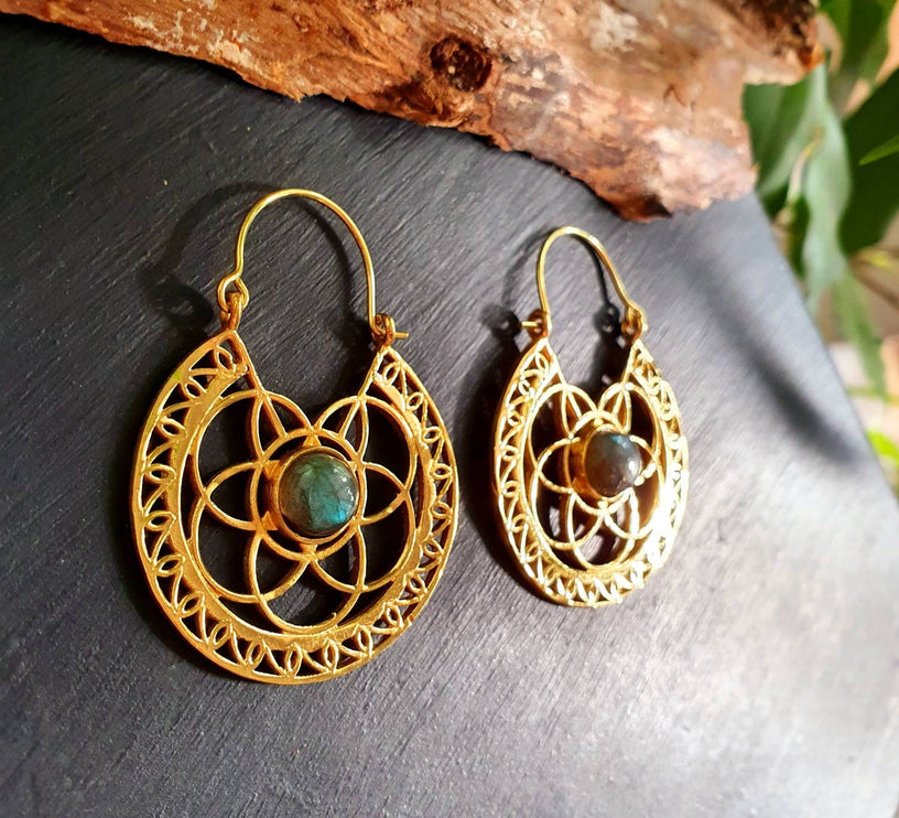 Labradorite & Brass Hoop Earrings Ethnic, rustic, yoga, hippie, gypsy, pretty, psy, boho, bohemian, festival