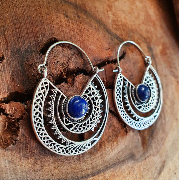 Silver Ethnic Lapis Lazuli Earrings Ethnic, Blue Stone , rustic, yoga, hippie, gypsy, pretty, psy, boho, bohemian, festival