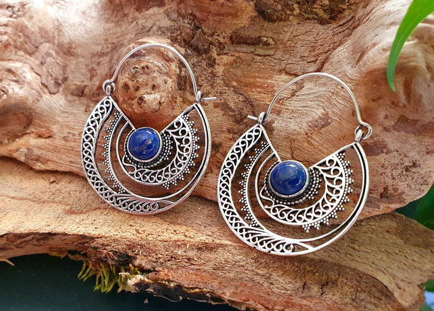 Silver Ethnic Lapis Lazuli Earrings Ethnic, Blue Stone , rustic, yoga, hippie, gypsy, pretty, psy, boho, bohemian, festival
