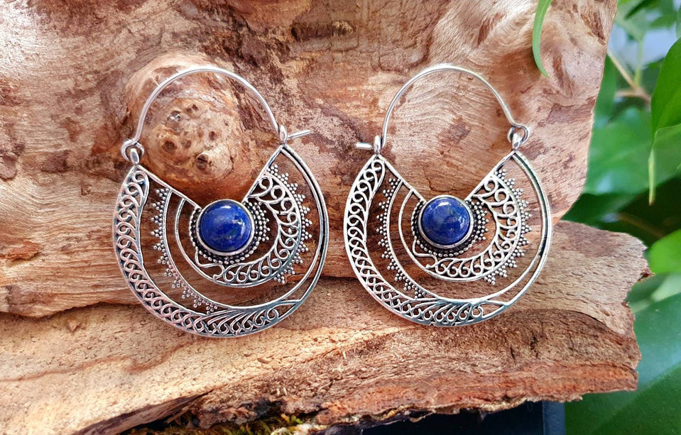 Silver Ethnic Lapis Lazuli Earrings Ethnic, Blue Stone , rustic, yoga, hippie, gypsy, pretty, psy, boho, bohemian, festival