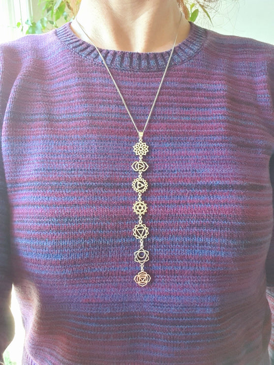 Seven 7 Chakras Necklace / Hypoallergenic / Silver / Yoga / Reiki / Boho / Hippie / Rustic / Ethnic / Crystals / Third Eye / Illuminati