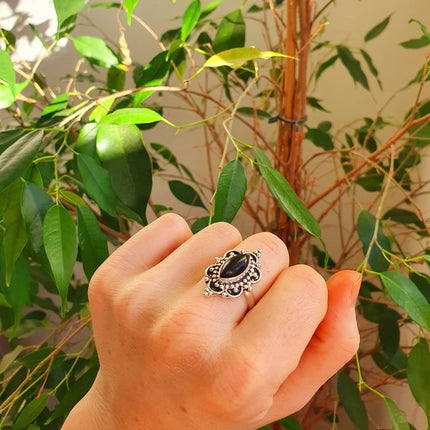 Boho Indian Black Onyx Silver Ring / Ethnic / Rustic / Festival / Tribal / Black / Hippie / Gypsy / Psy / Stone / Healing / Adjustable