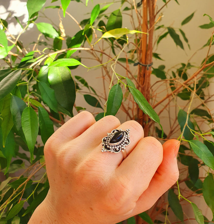 Boho Indian Black Onyx Silver Ring / Ethnic / Rustic / Festival / Tribal / Black / Hippie / Gypsy / Psy / Stone / Healing / Adjustable