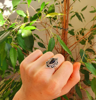 Boho Indian Black Onyx Silver Ring / Ethnic / Rustic / Festival / Tribal / Black / Hippie / Gypsy / Psy / Stone / Healing / Adjustable