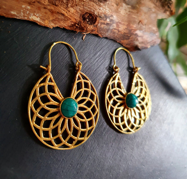 Golden Aztec Ethnic Turquoise Earrings Ethnic, rustic, yoga, hippie, gypsy, pretty, psy, boho, bohemian, festival