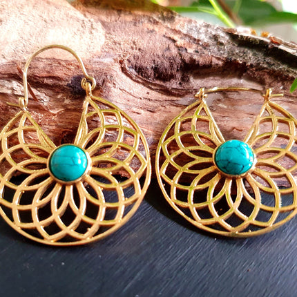 Golden Aztec Ethnic Turquoise Earrings Ethnic, rustic, yoga, hippie, gypsy, pretty, psy, boho, bohemian, festival