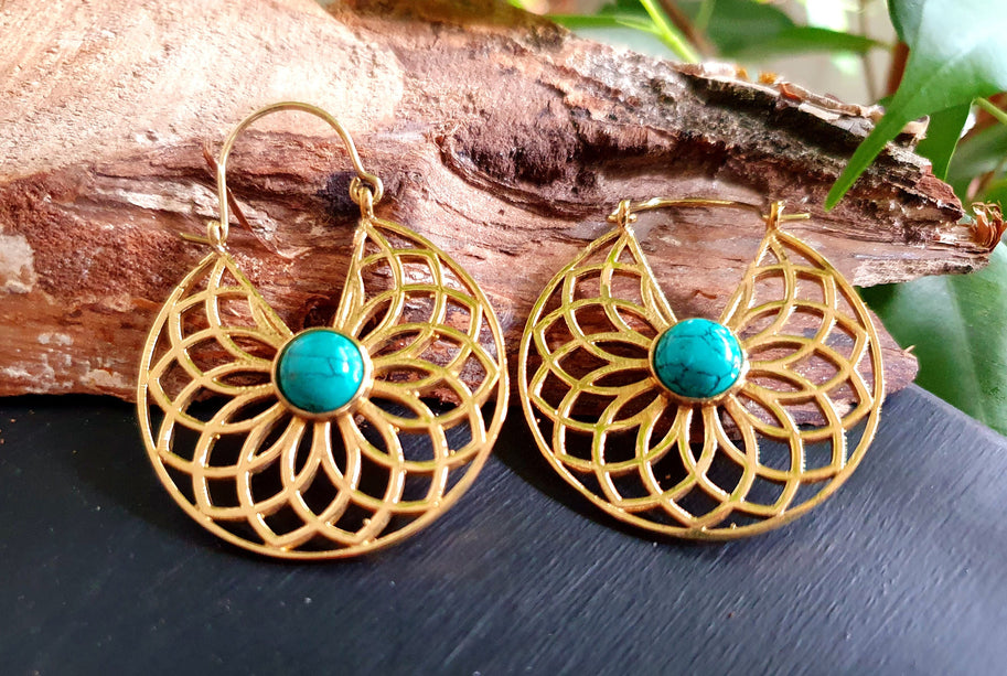 Golden Aztec Ethnic Turquoise Earrings Ethnic, rustic, yoga, hippie, gypsy, pretty, psy, boho, bohemian, festival