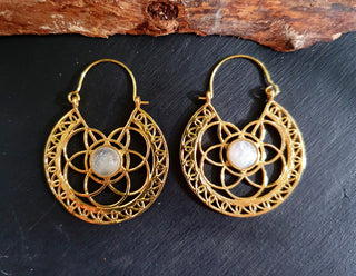 Moonstone & Brass Hoop Earrings Ethnic, rustic, yoga, hippie, gypsy, pretty, psy, boho, bohemian, festival