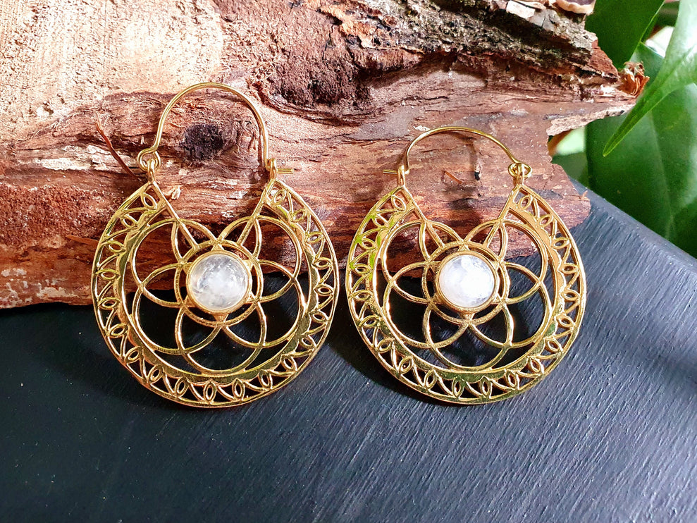 Moonstone & Brass Hoop Earrings Ethnic, rustic, yoga, hippie, gypsy, pretty, psy, boho, bohemian, festival