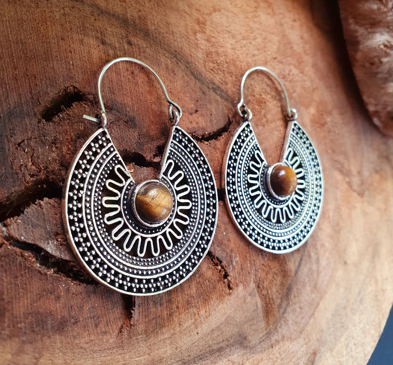 Tiger Eye & Silver Hoop Earrings Ethnic, rustic, yoga, hippie, gypsy, pretty, psy, boho, bohemian, festival