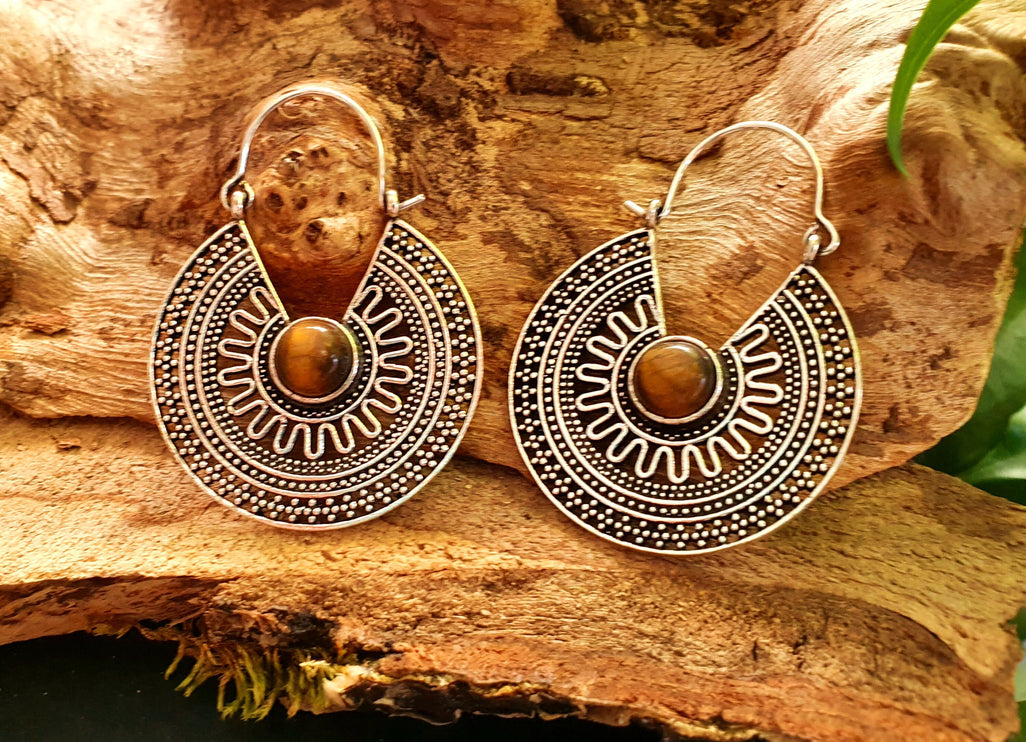 Tiger Eye & Silver Hoop Earrings Ethnic, rustic, yoga, hippie, gypsy, pretty, psy, boho, bohemian, festival